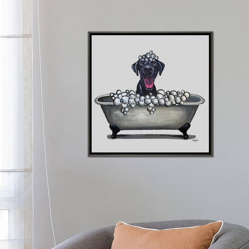 iCanvas "Dogs In The Tub Series, Black Lab In Bathtub" by Hippie Hound Studios Framed