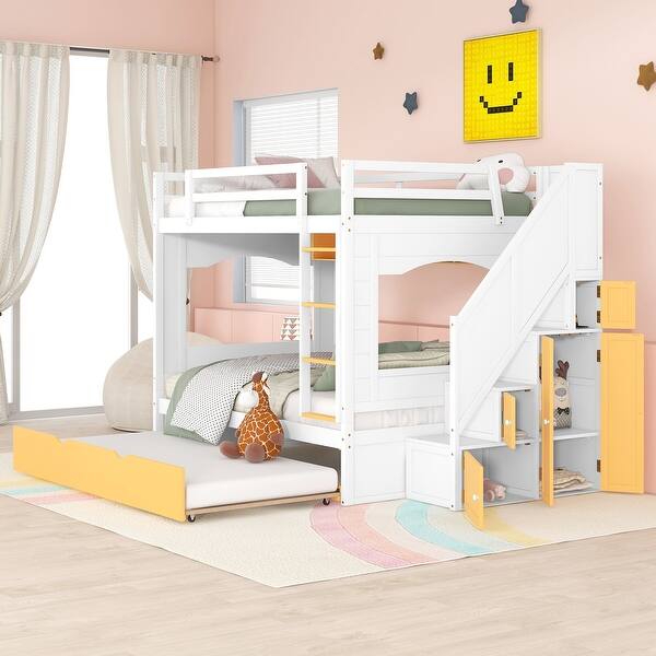 slide 2 of 6, Full Bunk Bed with Trundle, Multiple Shelves, and Stairs, Ensuring Safety White+Yellow