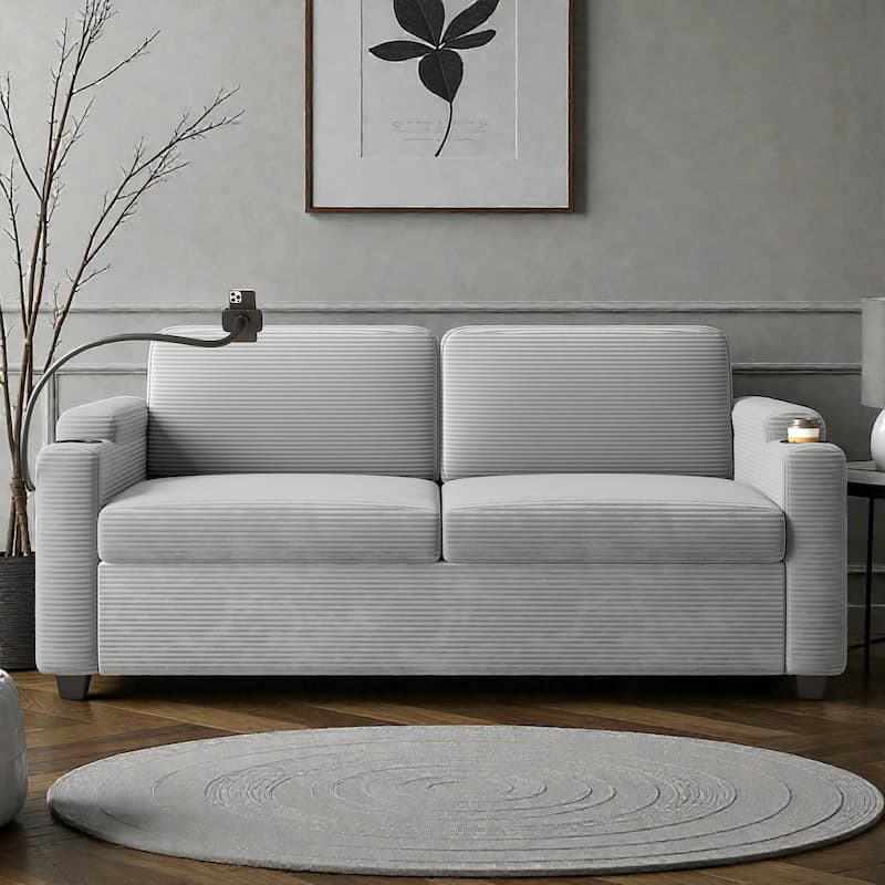 72.8" Corduroy Sleeper Sofa, Full Size Loveseat Bed with Mattress, USB Ports, Cup Holders, Side Pockets & Phone Holder - Grey
