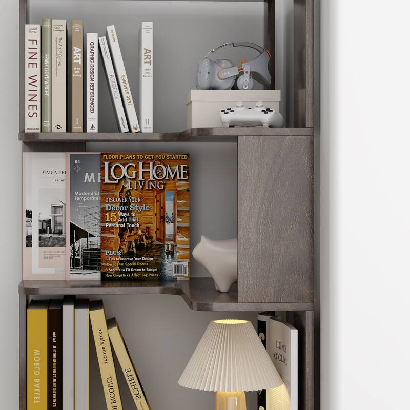 GDFStudio - Elysande Wood Corner Bookcase with 6-Tier Anti-Fall Design