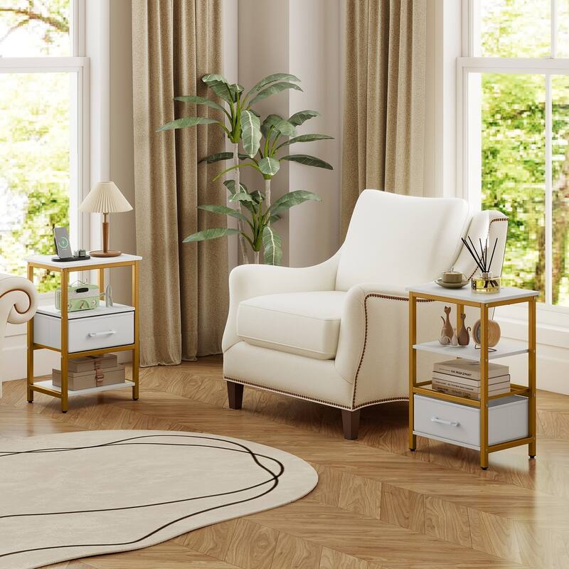 Gymax Nightstand w/Charging Station Fabric Drawer & Open Storage