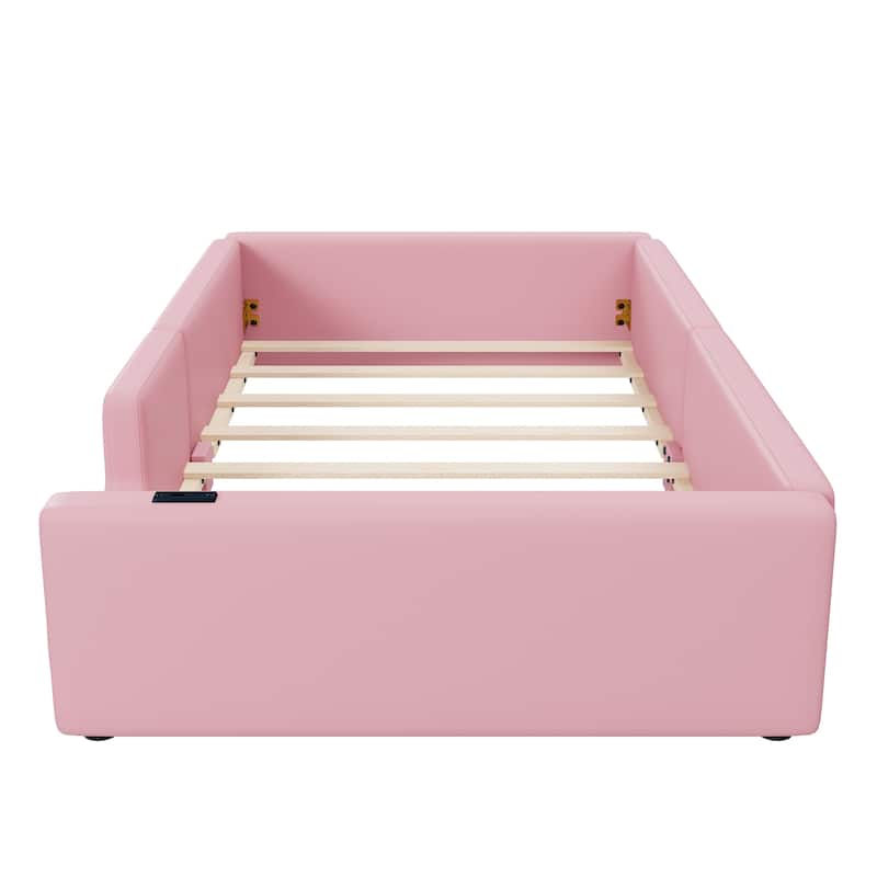 Pink Twin Upholstered Platform Bed with Guardrail & Charging Station - Safe & Tech-Friendly!