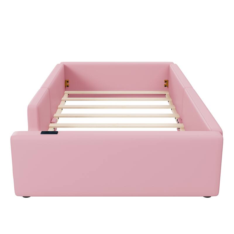 Pink Twin Upholstered Platform Bed with Guardrail and Charging Station
