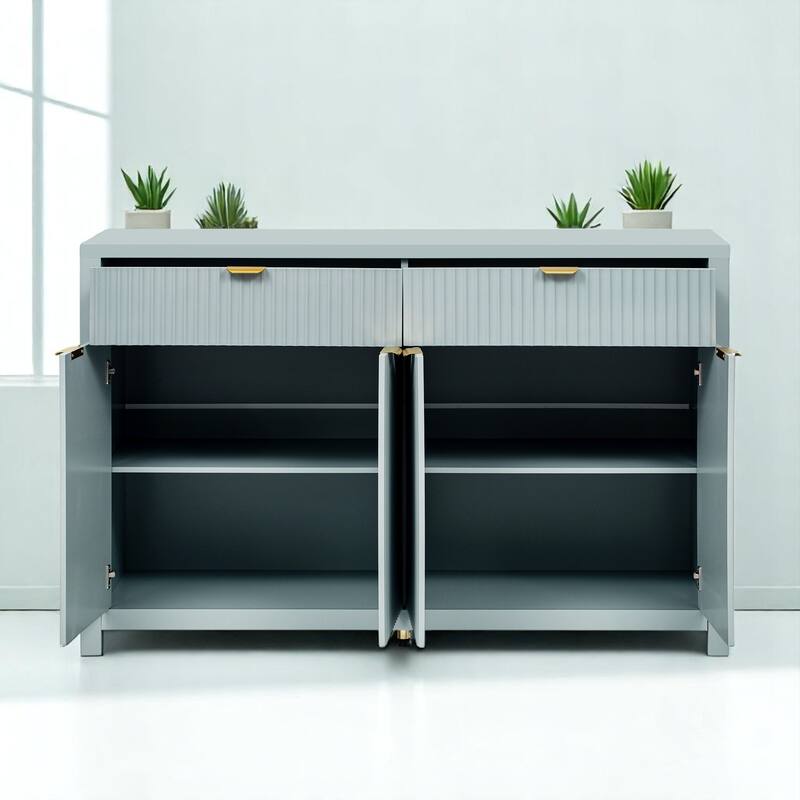 Wave-Grain Sideboard Buffet Cabinet with Drawers and Adjustable Shelves, 55in Console Table with Aluminum Handles