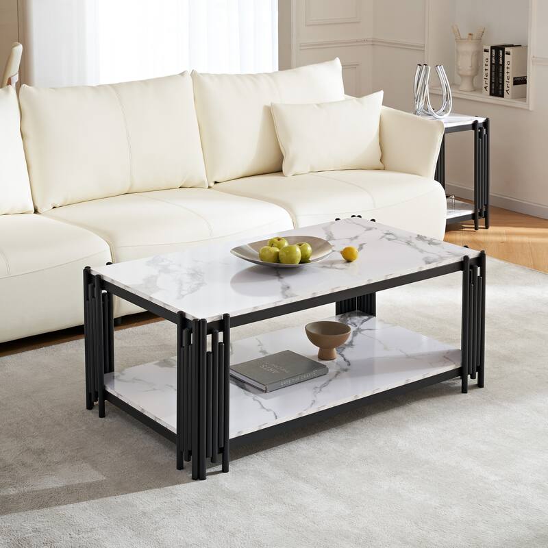 Rectangle End Table Coffee Table with Shelf Center Table - Black