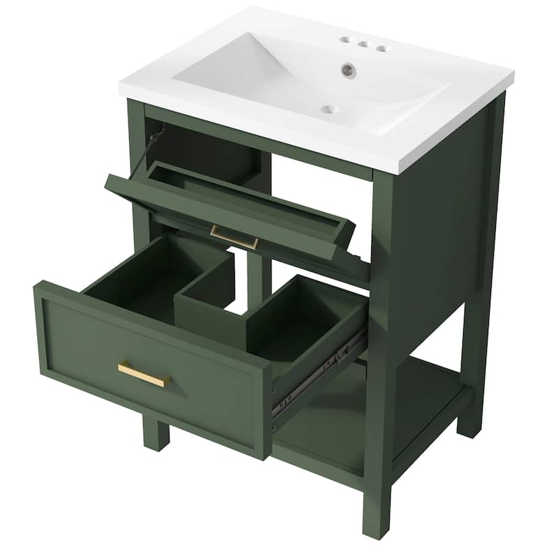 Small Bathroom Vanity with Top Sink, Undermount Bathroom Sink Cabinet, Bathroom Cabinet with 2 Drawers & Open Shelf