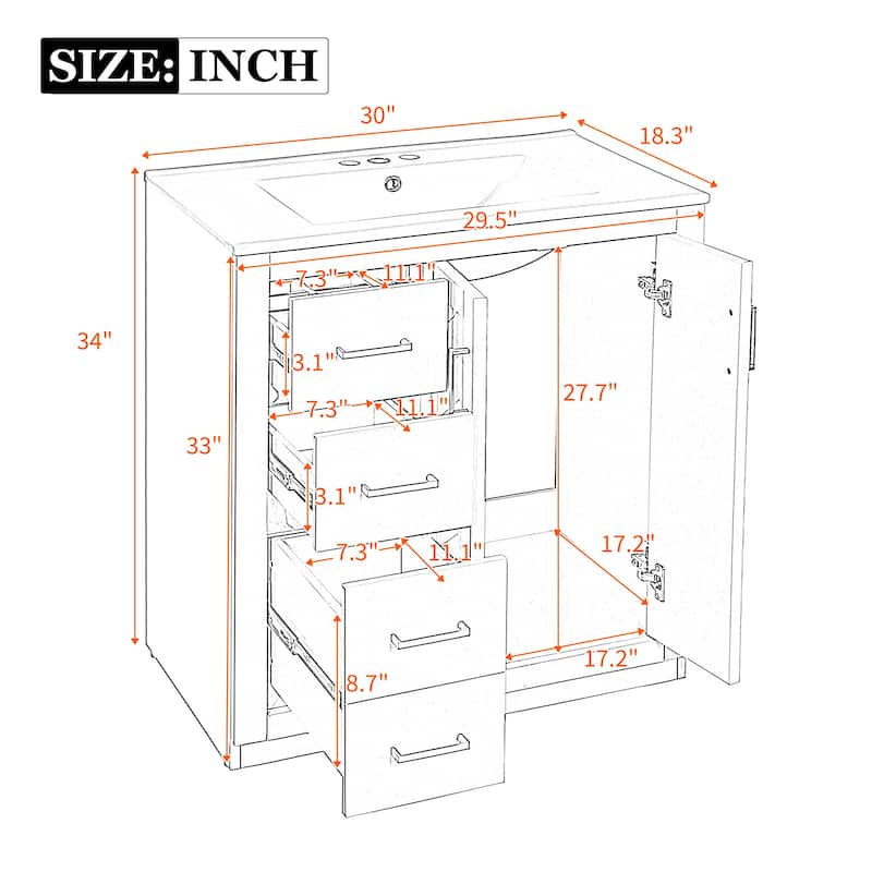 30'' Bathroom Vanity with Sink, Solid Wood Frame, 3 Drawers & 2 Soft-Close Doors, Freestanding Cabinet