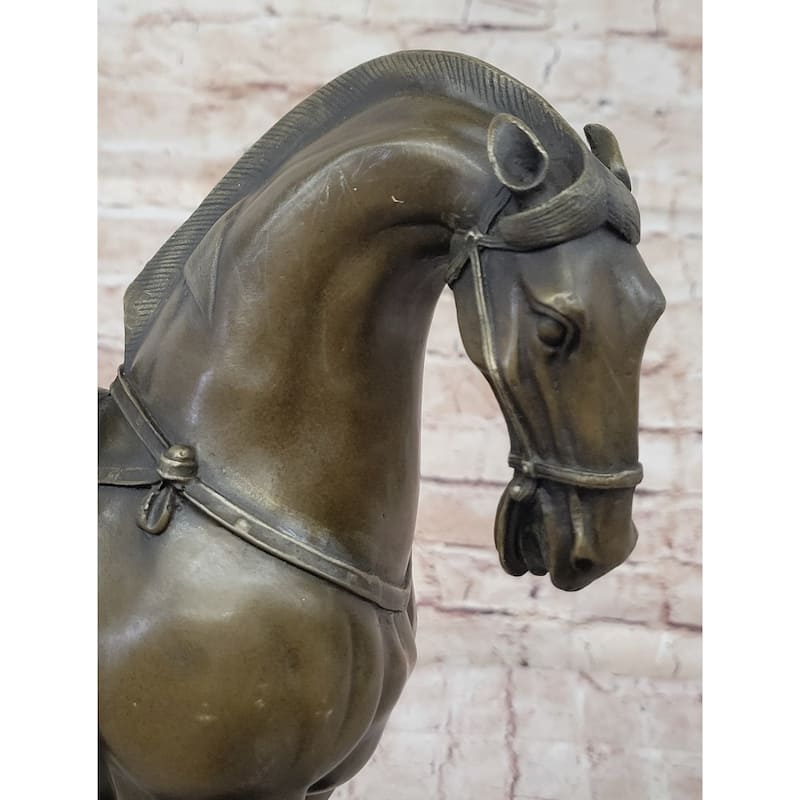Tang Dynasty Imitative Horse Bronze Sculpture Mantle Marble Base Statue Hot Cast Figurine 14 Inches X 12 Inches