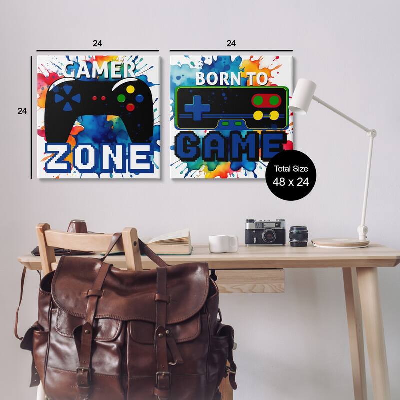 Stupell Gamer Zone on Splash Canvas Wall Art Design By Kim Allen (Set of 2)