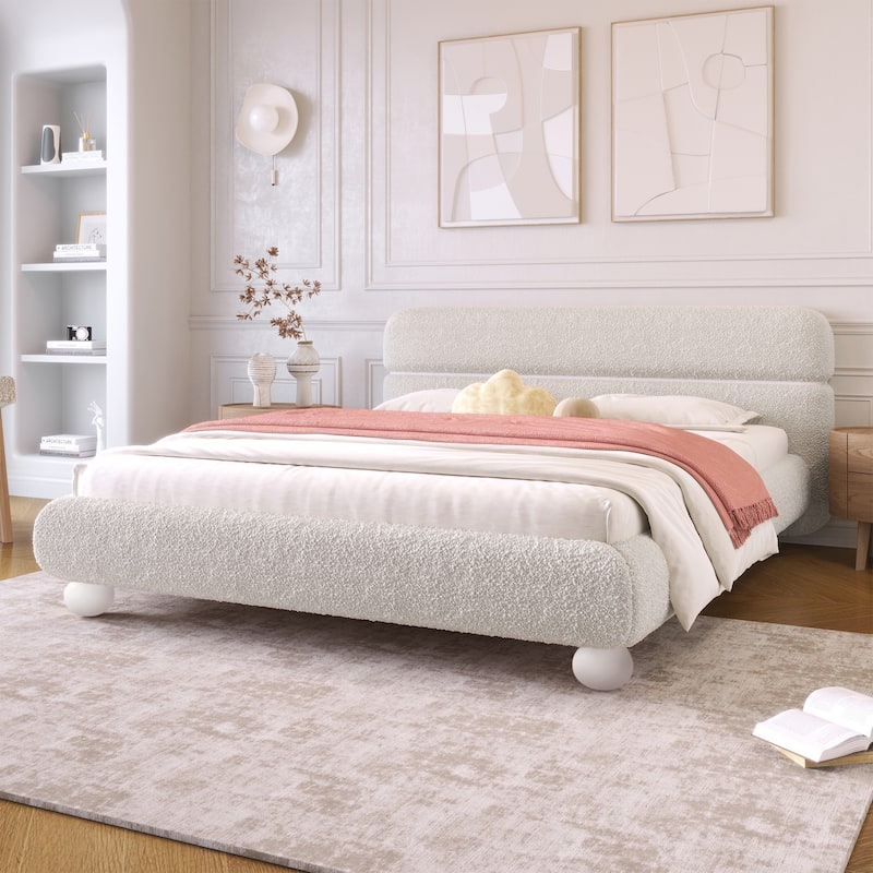 Curve-shaped Teddy Fleece Boucle Fabric Upholstered Bed Frame White Queen Size Low Profile Platform Bed Wood Slat Support Bed - White - Queen