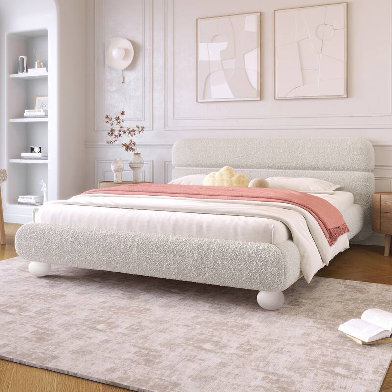 Queen Size Low Profile Upholstered Bed with Teddy Fleece Boucle Fabric and Solid Round Legs, Stylish Curve-Shaped Headboard - White - Queen