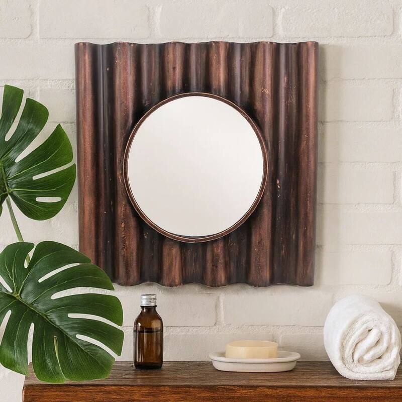 Traditional Style Wooden Round Mirror with Panpipe Style Frame , Brown - clear