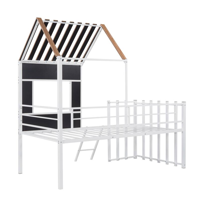 White Metal Twin Loft Bed with Roof, Window & Guardrail - 300LBS Capacity