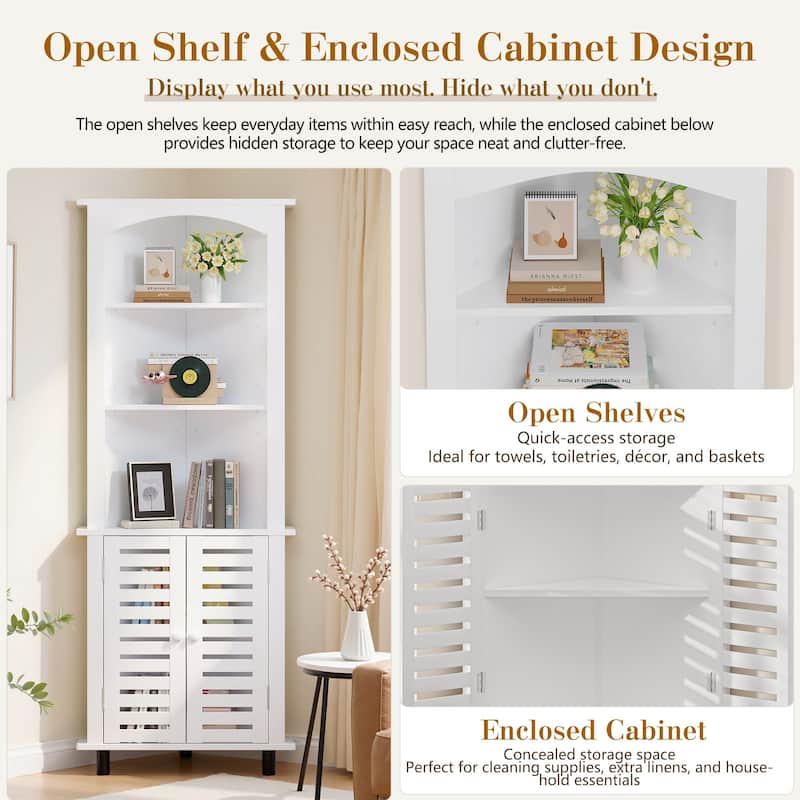 VECELO 68.5" Tall Triangle Corner Bookcase with Adjustable Open Shelves Magnetic Shutter Doors Storage Cabinet for Living Room