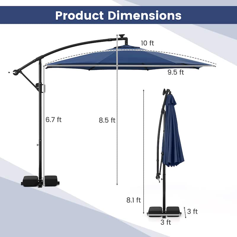 Costway 10 FT Solar Offset Hanging Umbrella with Base Patio Cantilever