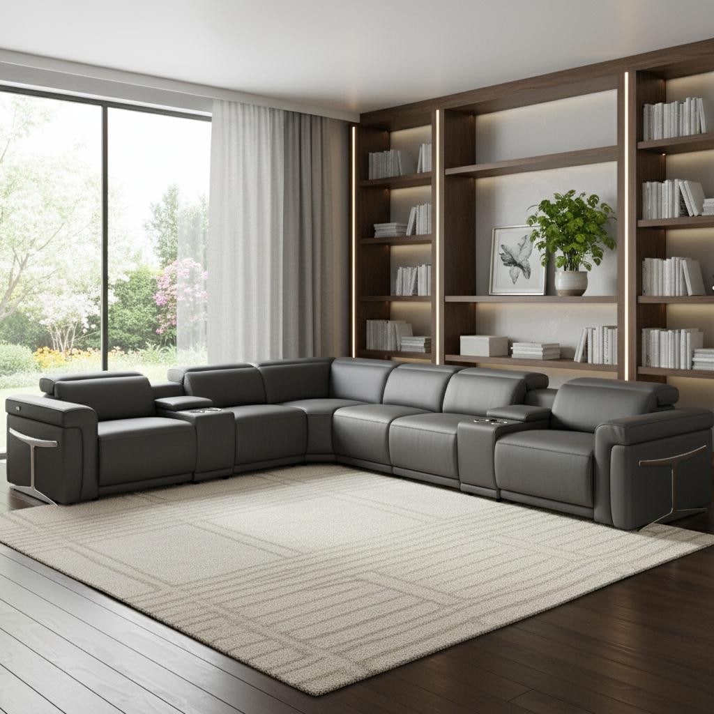HomeRoots Gray Italian Leather Modular L Shaped Eight Piece Corner Sectional With Console