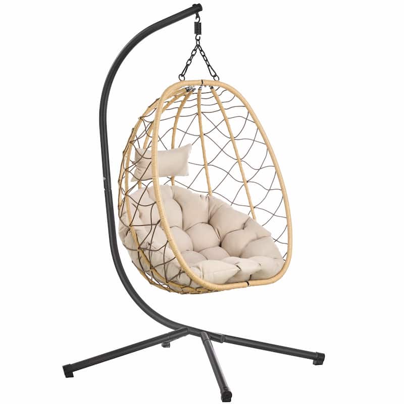 Summit Hanging Egg Swing Chair with Brown Frame & Foldable Shell for Home Patio Garden Backyard Porch - Beige