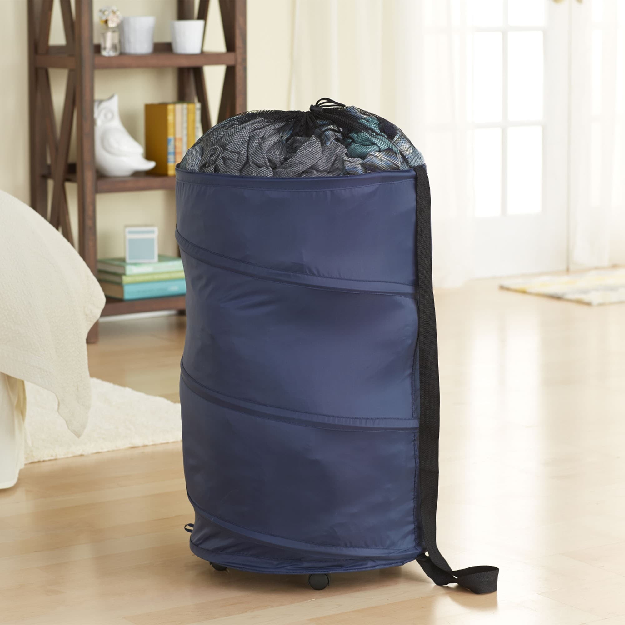 Household Essentials Rolling Pop Up Hamper with Shoulder Strap and Removable Wheels