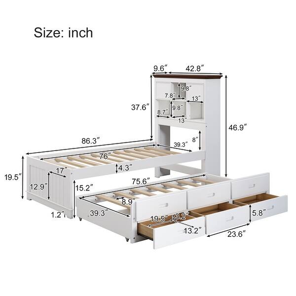 dimension image slide 1 of 2, Captain Bed with Bookcase Headboard, Solid Wood Storage Platform Bed with Trundle & 3 Storage Drawers, for Kids Girls Boys