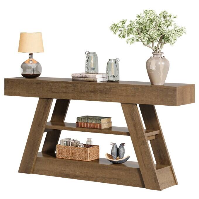 63-Inch Wooden Console Table, Long Entryway Table with Storage Shelves