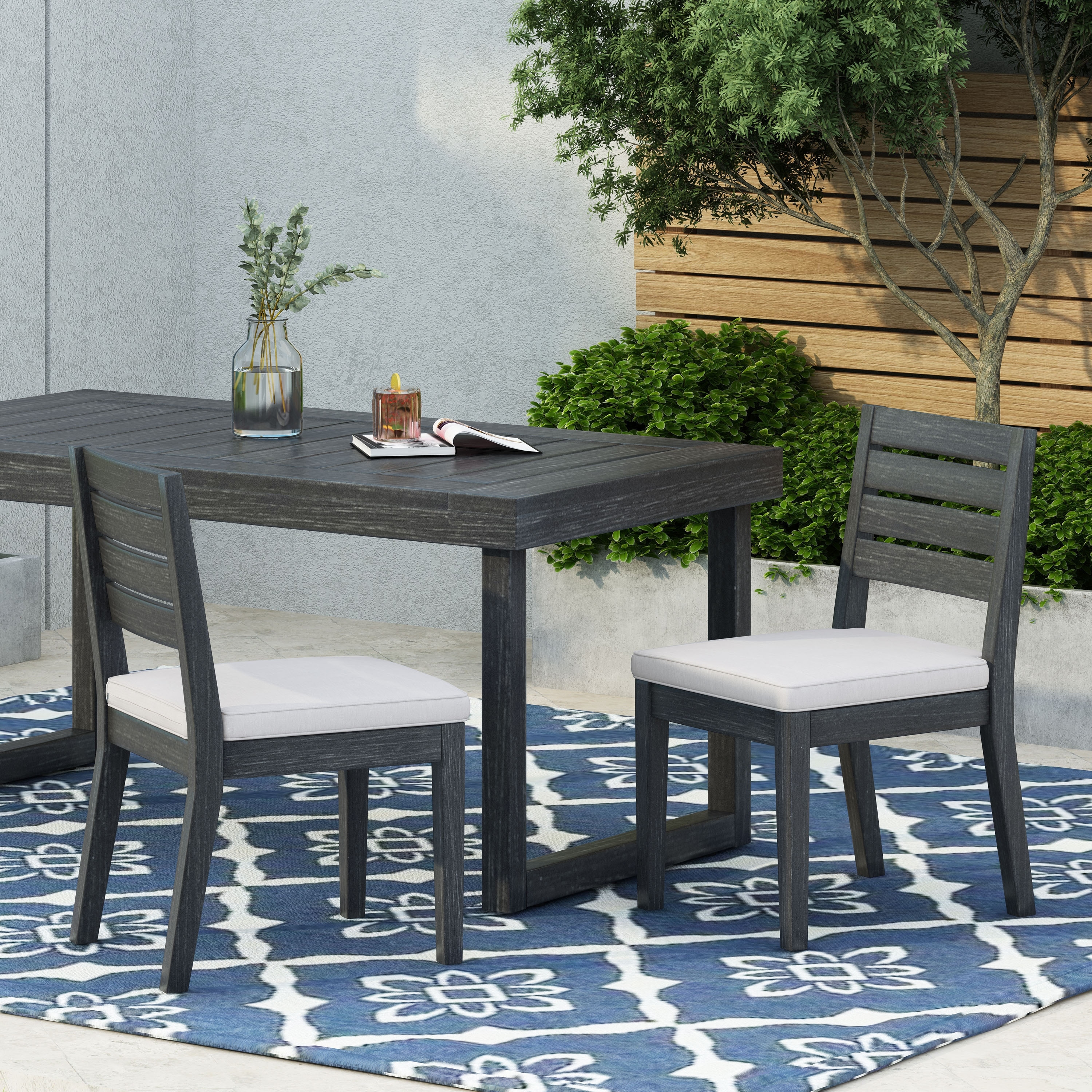 Roomfitters Outdoor Acacia Wood Armless Dining Chairs with Cushions, Set of 2, Grey