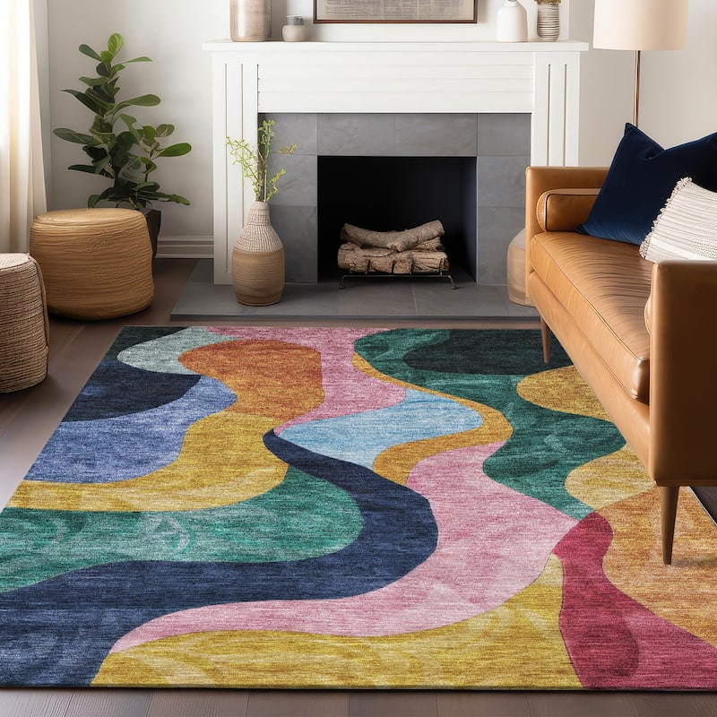 Machine Washable Indoor/ Outdoor Abstract Contemporary Chantille Rug - Green - 5' x 7'6"