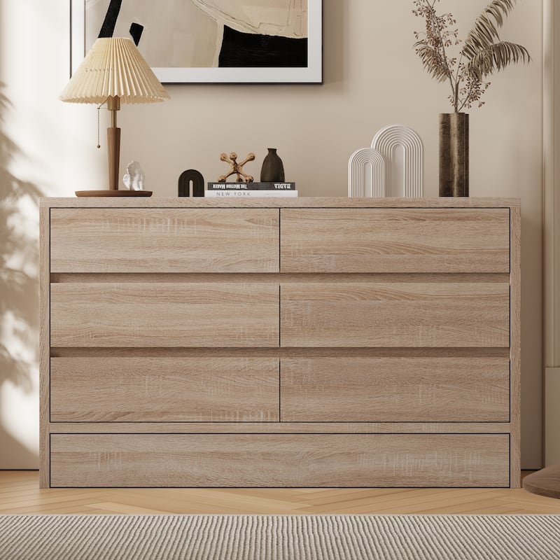 Wood Grain 7-Drawer Dresser with Hidden Compartments and Kick-to-Open Bottom Drawer