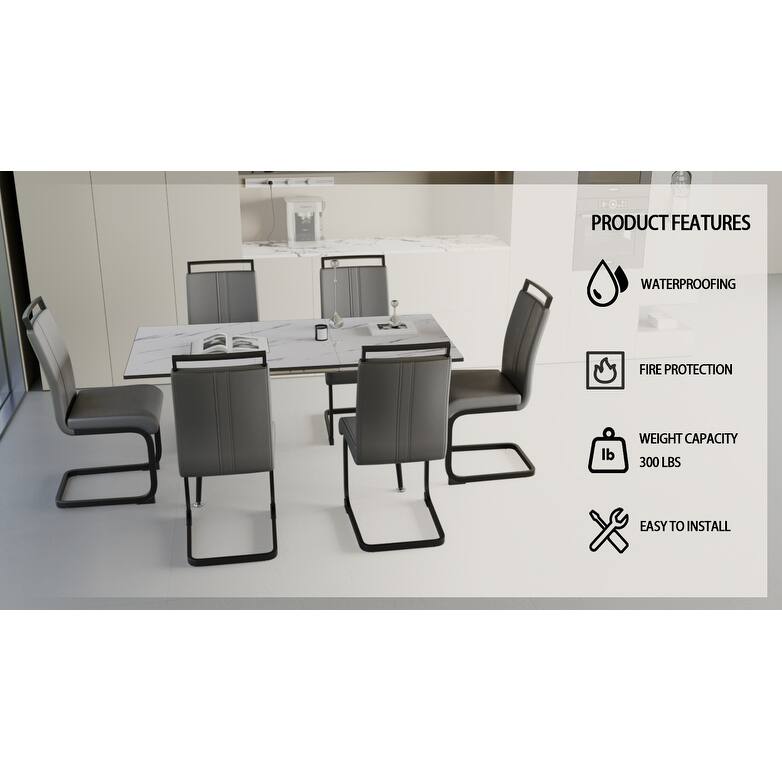 7-Piece Expandable Dining Table Set with C-shaped Tubular Cushioned Armless Chair, Scratch Resistant Plastic Feet