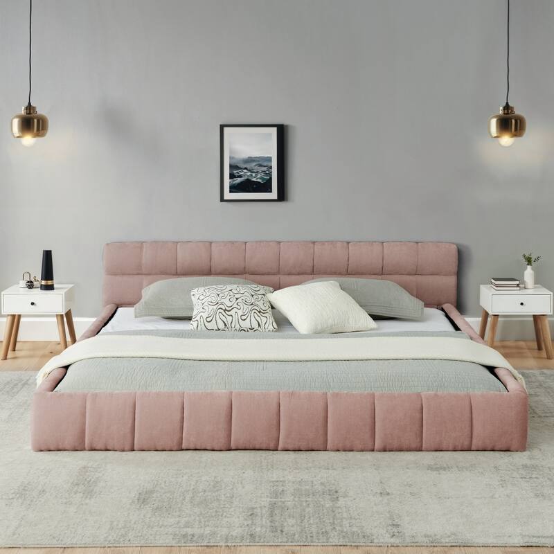 Chenille Fabric Grounded King Size Platform Bed with Headboard and Solid Frame - Pink