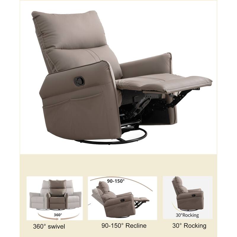PU Rocking Recliner Chair, 360 Swivel Nursery Rocking Chair, Rocking Swivel Recliner Chair for Bedroom, Side Pocket