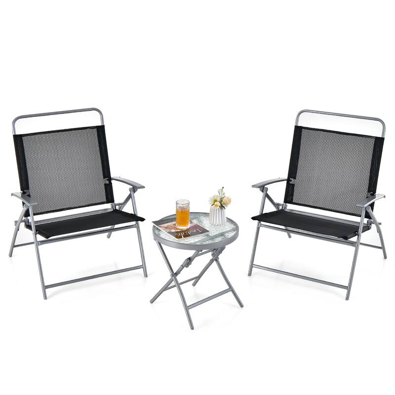 Gymax 3 Piece Patio Folding Chair Set w/ Coffee Table & Extra-Large - Black, Silver