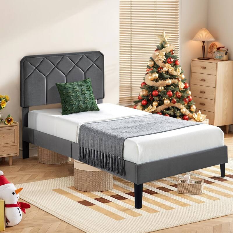 2 Pcs Upholstered Twin Size Platform Bed with Adjustable Headboard Twin Platform Bed Set of 2