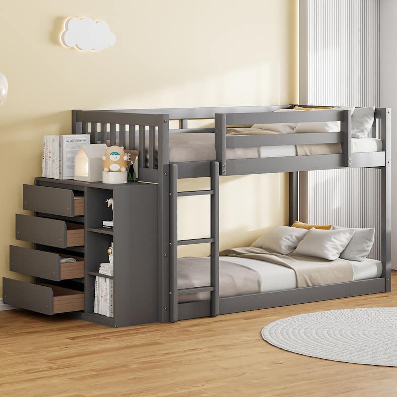 Twin Over Twin Bunk Bed with Storage, 4 Drawers, 3 Shelves, Gray Finish - Gray