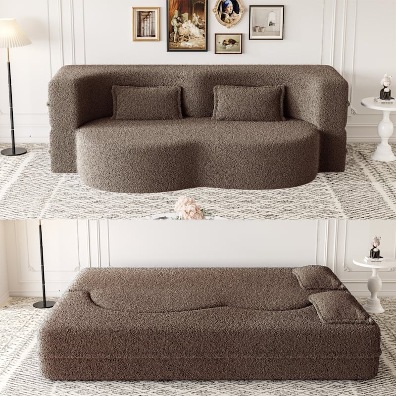 78" Convertible Folding Sofa Bed, Sleeper Sofa with Pillow, Modern Teddy Fabric Floor Loveseat Couch, Foam Mattress Sleeper - Brown