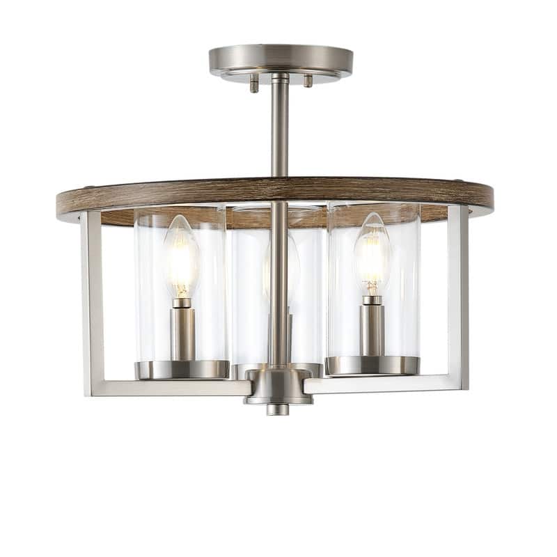 Farmhouse Semi Flush Mount Ceiling Light Rustic 3 Light Brushed Nickel Fixture with Clear Glass Shades