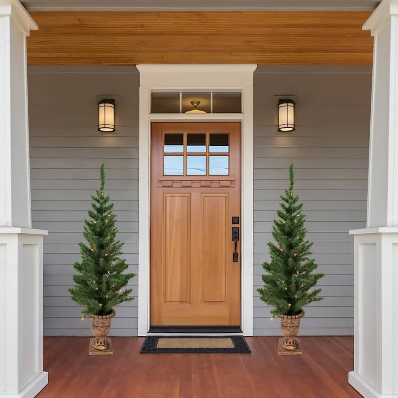 Set of 2 Pre-Lit Potted Porch Pine Topiary Slim Artificial Christmas Trees 4' - Clear Lights