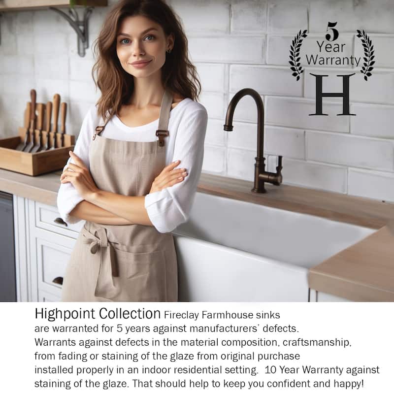 Highpoint Collection Fireclay Farmsink with Built In Drainboard - 36" x 20" x 10"