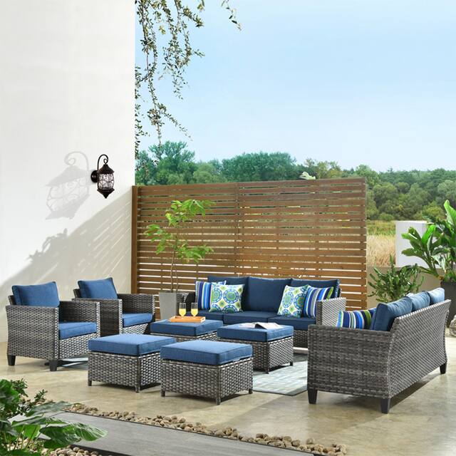 OVIOS 8 pieces Patio Furniture Outdoor High Back Wicker Patio Furniture Set - Blue