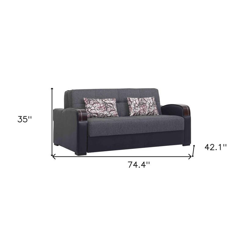 HomeRoots 74" Gray Chenille Convertible Futon Sleeper Sofa And Toss Pillows With Storage