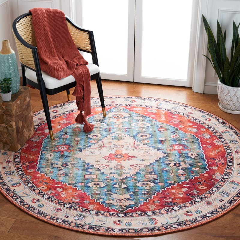 SAFAVIEH Tucson Machine Washable Slip Resistant Rosina Oriental Medallion - 4' x 4' Round - Beige/Blue - Runner/Round