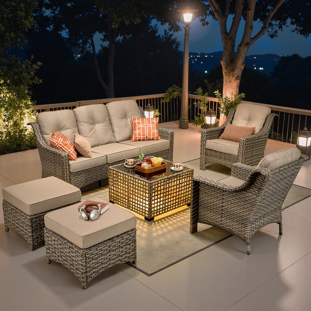 OVIOS 6 Pieces Outdoor Wicker Set With Solar-Powered Table