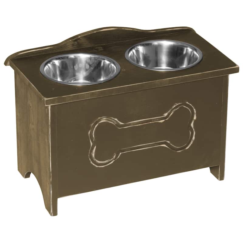 Amish Made Pine Dog Feeder with Storage Chest - Olive Green