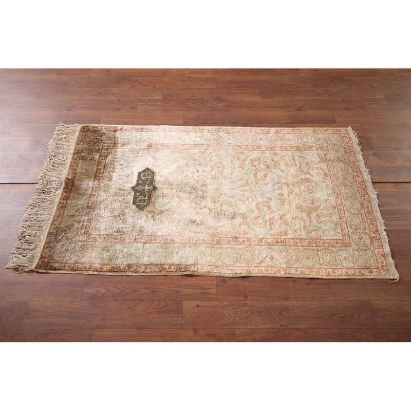 Pre-1900 Antique Hereke Vegetable Dye Turkish Rug Handmade Silk Carpet - 2'3" x 3'11"