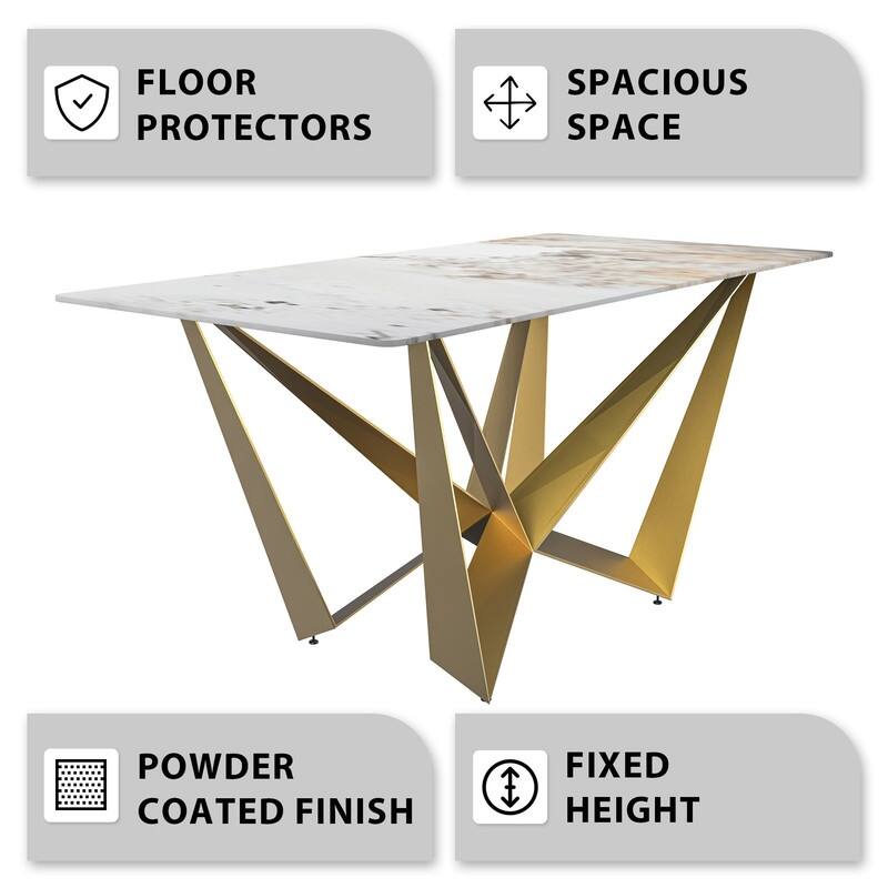 Nuvor Rectangular Sintered Stone or Glass Tabletop Dining Table with Powder-Coated Gold Steel Base for Kitchens & Dining Rooms