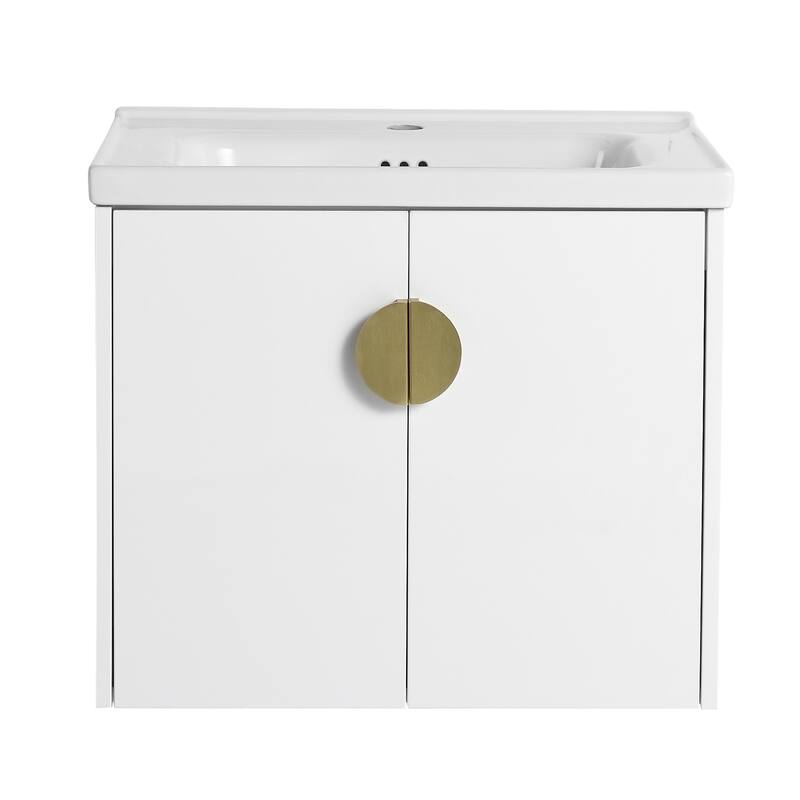 Wall-Mounted Bathroom Vanity with Ceramic Basin, Soft-Close Doors, and Customizable Metal Handles