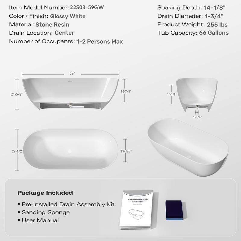 ABRUZZO Glossy White Freestanding Solid Surface Bathtub with Overflow and Pop-up Drain