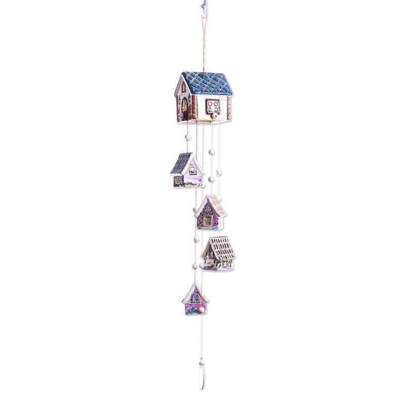 Novica Handmade Cozy Cottages Ceramic Wind Chime