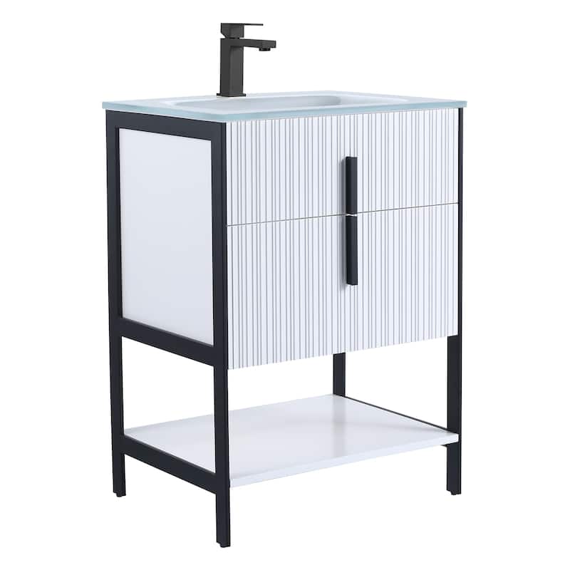 Fine Fixtures Serenity Modern Bathroom Vanity with White Glass Top - White Matte - Black Hardware - 24 inch