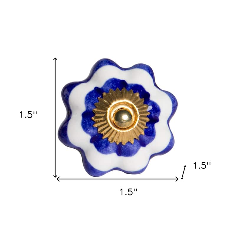 HomeRoots Set of Eight Blue And White Ceramic And Metal Drawer Pull Knobs - 1.5' X '1.5' X '1.5