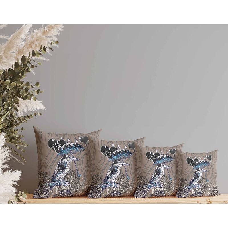 Bird with Umbrella Faux Suede Reversible Throw Pillow Gray and Black